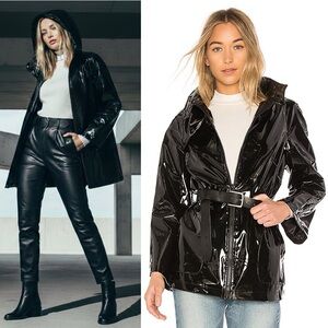 NWT NEW ON PARLE DE VOUS REVOLVE CACHE PATENT LEATHER BLACK RAIN HOODED JACKET